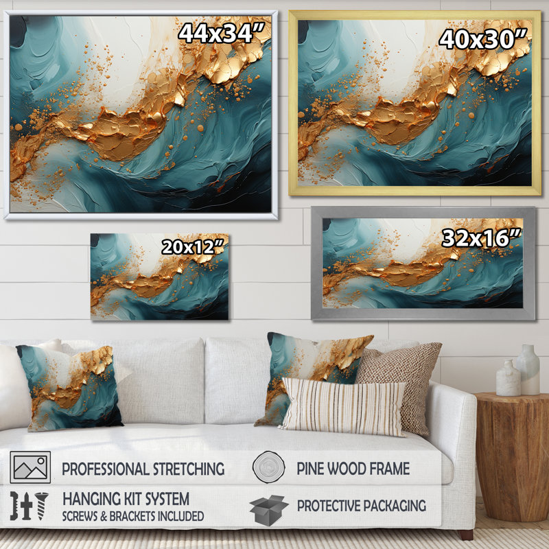 Or bleu sarcelle, spirale abstraite, art mural, H 24 po x l 32 po x P 1 po, Toile tendue