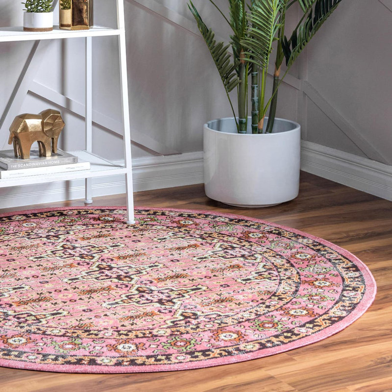 Tapis géométrique rose, Rond 5 pi 3 po