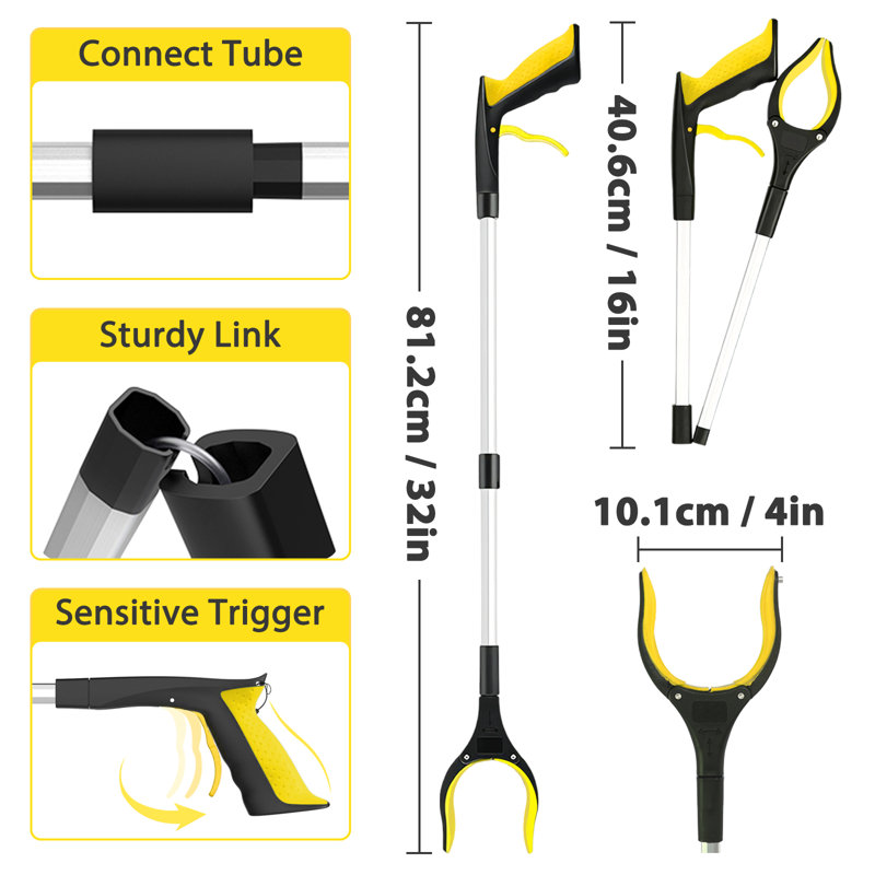 32" Grabber Reacher Tool, Foldable Grabber Reaching Tool, Lightweight Trash Picker Upper Tool for Elderly with Anti-Slip Rotating Rubber Gripper, Yellow