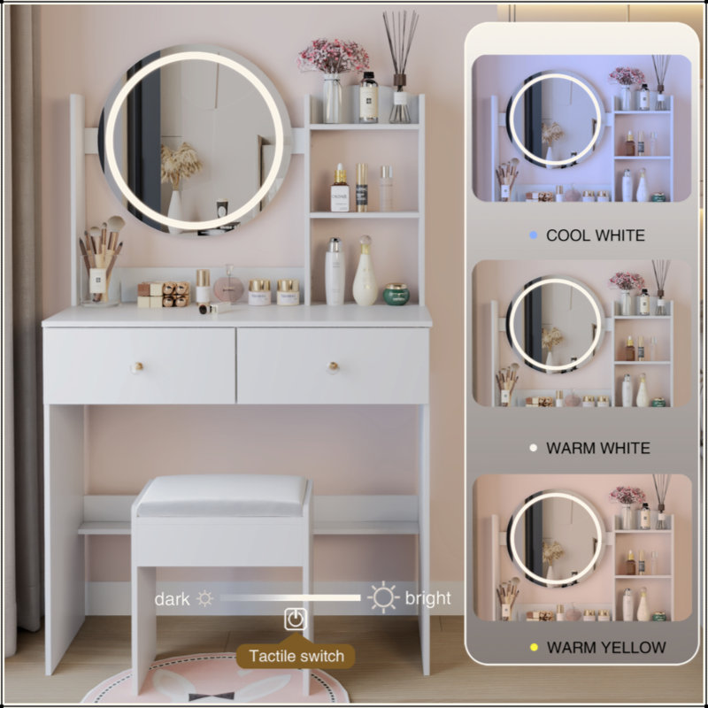 17" Round LED Mirror Vanity Table + Soft Cushion Stool Suit, Large Mirror, Touch Switch, 3 Colors, Adjustable Brightness, Large Desktop, Multi-Layer High Capacity Storage, Suitable For Small Space