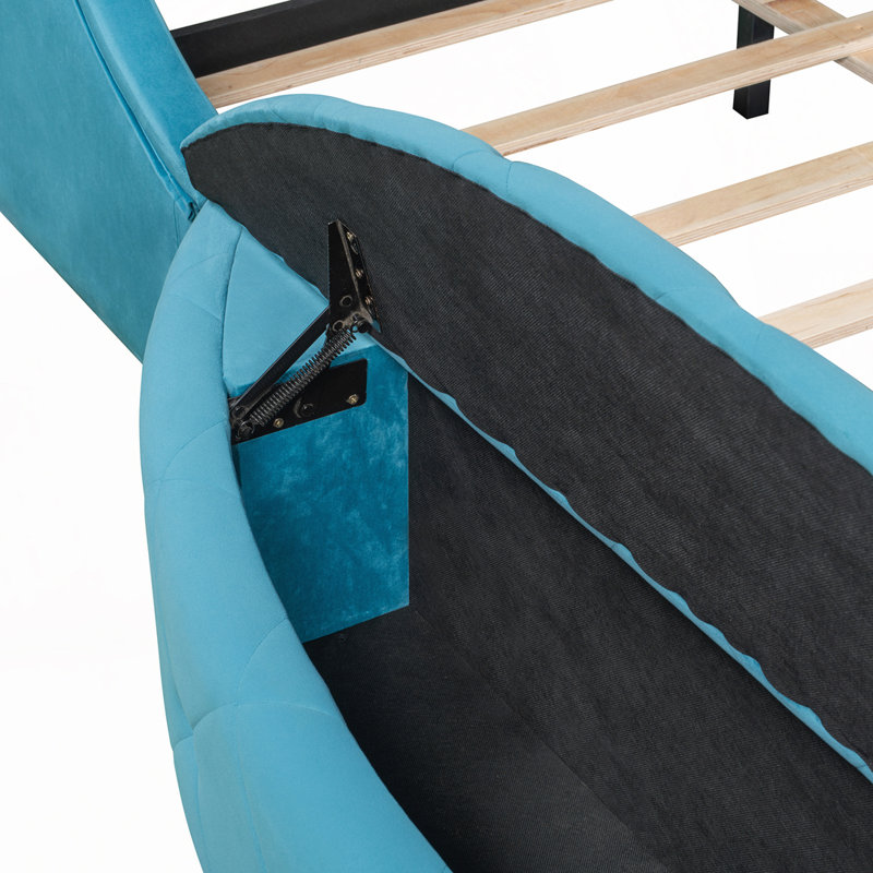 Lit plateforme tapissier en velours avec tête de lit à oreilles et 1 grand tiroir, 2 tabourets de rangement latéraux, Bleu