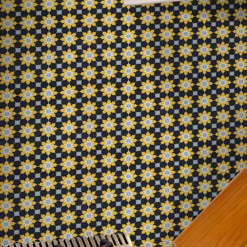 Ahfir 8" x 8" Cement Singular Wall & Floor Tile, Black/Yellow/Gray