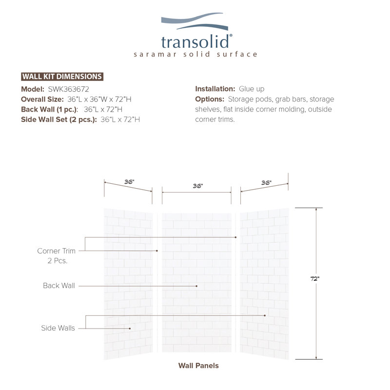 Transolid 36" x 36" x 72" White Subway Tile Shower Wall Kit