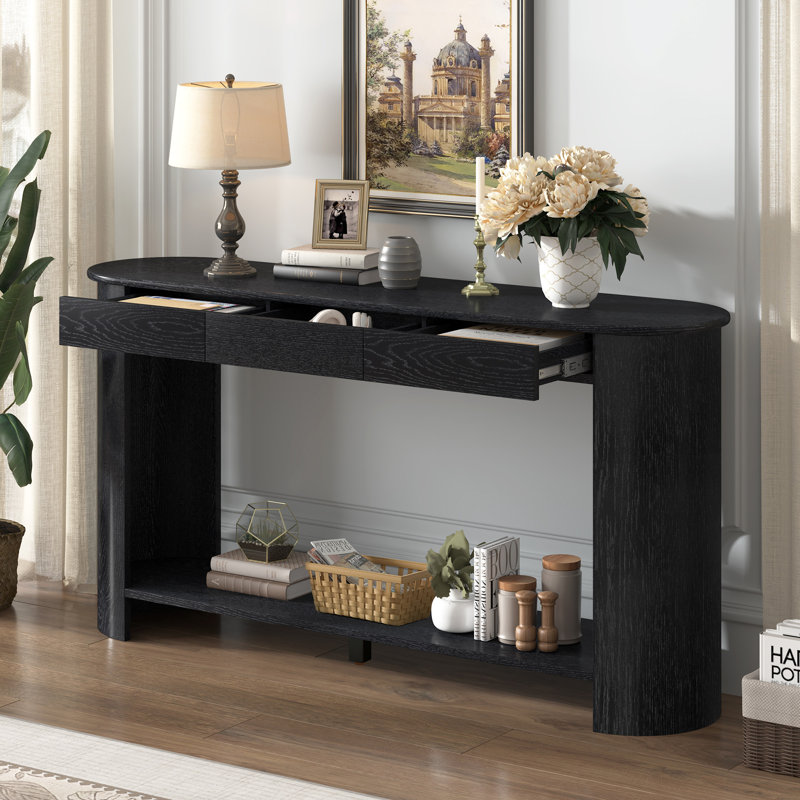 Console 59,8 po avec 3 tiroirs en placage de chêne moderne, Black
