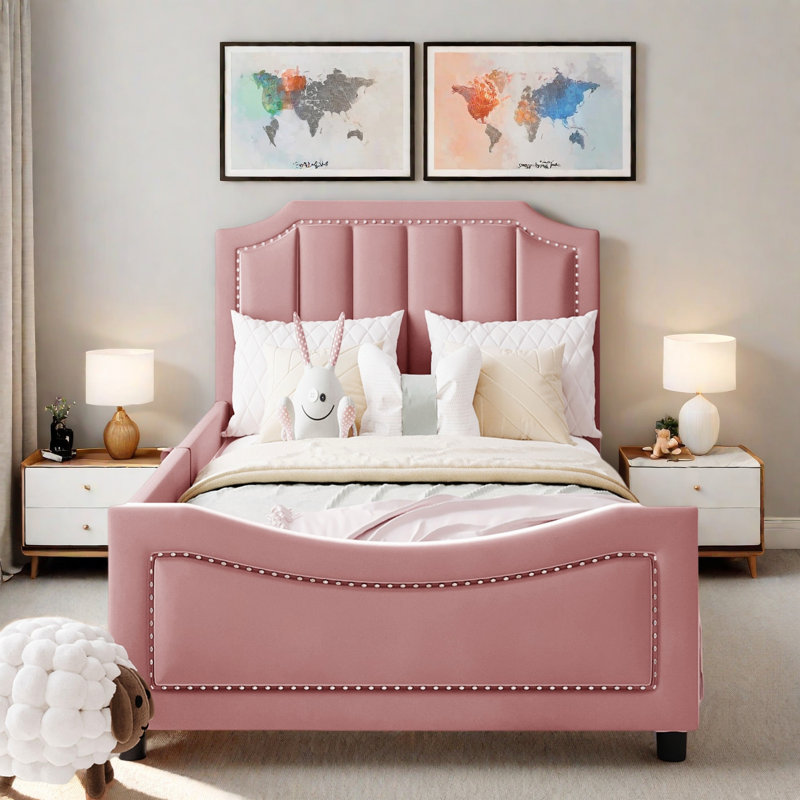Upholstered Daybed With Classic Stripe Shaped Headboard, Pink