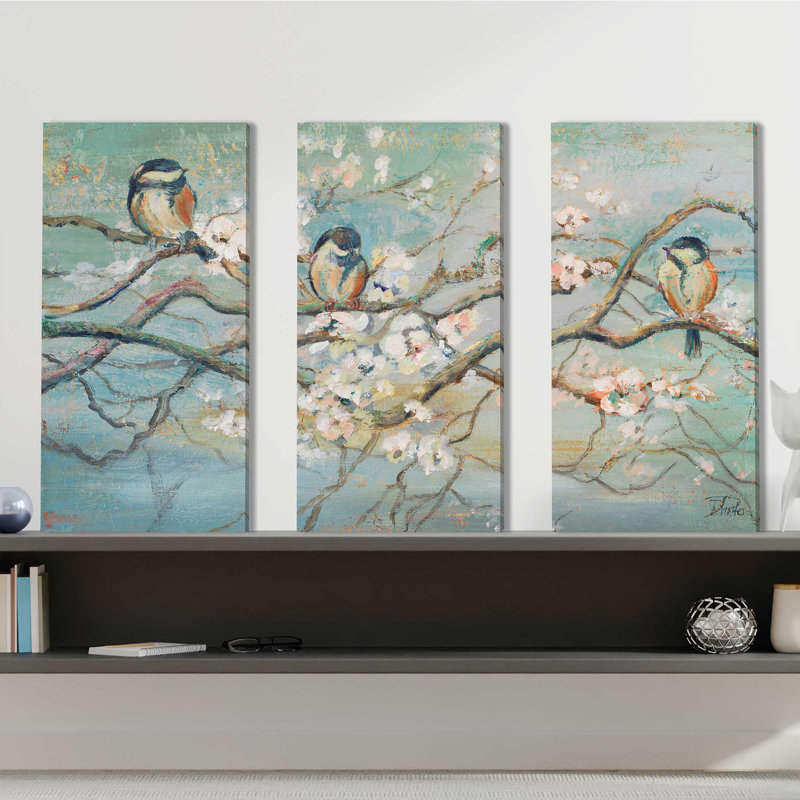 «Spring Branch With Birds», ensemble de 3 impressions sur toile