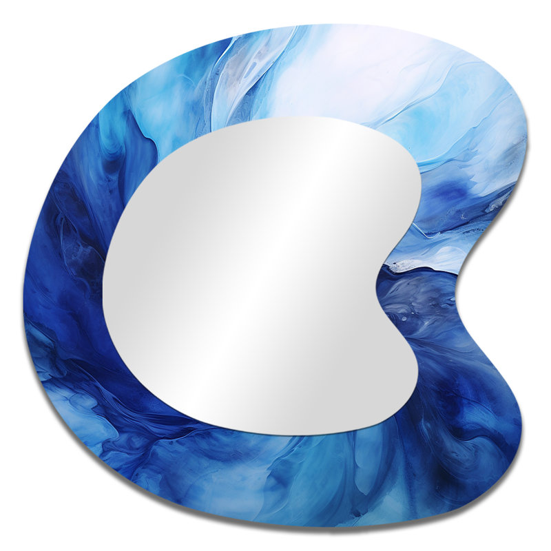 «Gelach Blue Emotion» tachisme vagues 2 - grand miroir asymétrique Tachisme, miroir mural décoratif de forme unique moderne, impression d'art en métal