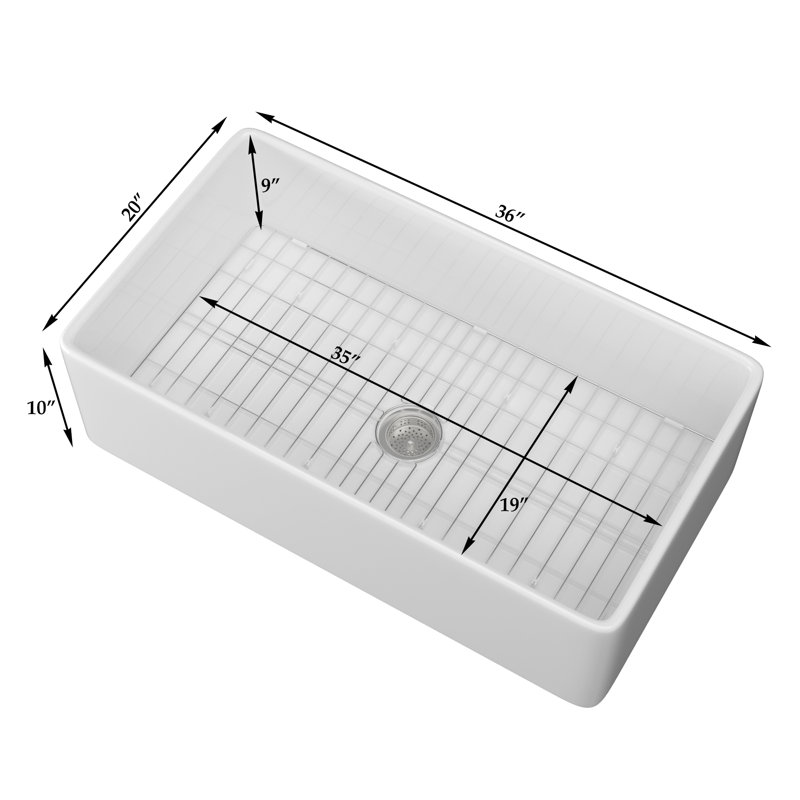 Évier de cuisine en argile réfractaire 20 "avec grille d'évier et crépine, H 10 po x l 20 po x L 36 po, Blanc