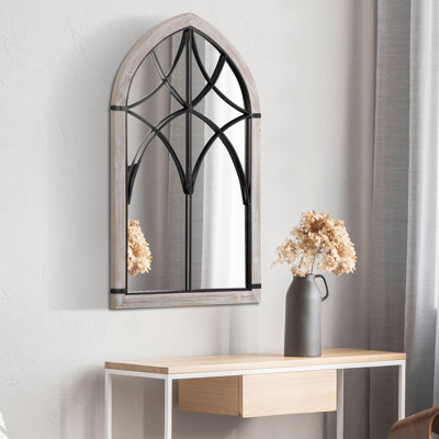 Grand miroir mural de style campagne 36,5 "x 23,5", miroir de fenêtre arqué pour décoration murale dans le salon, la chambre à coucher, le vestibule, grain de bois rustique