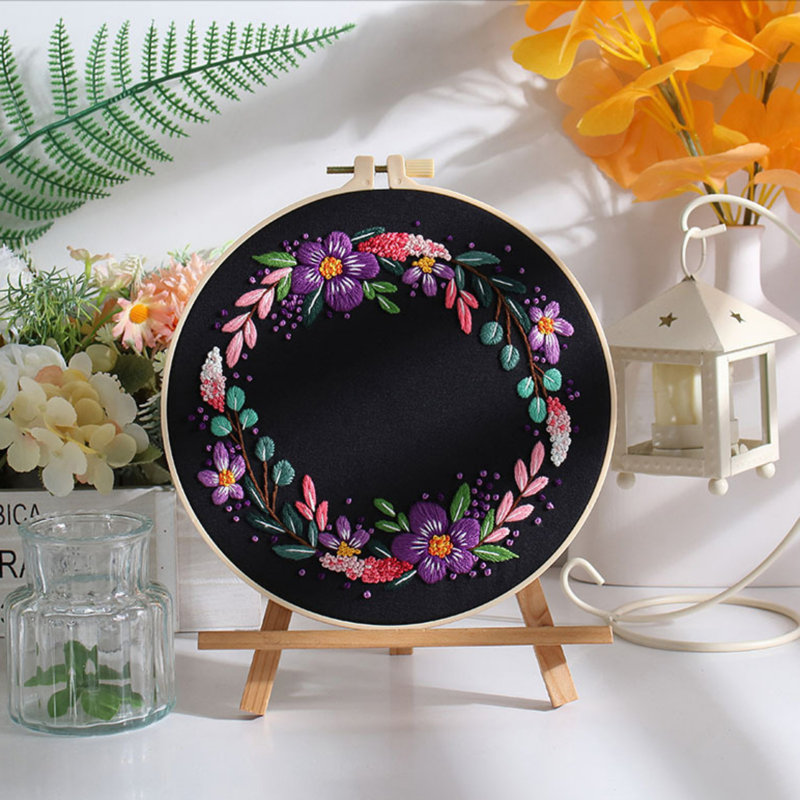 3 pièces / ensemble de matériel de bricolage, ensemble de bricolage, motif de fleurs, point de croix, peinture de table, photo suspendue avec cercle 11,7 po, A5