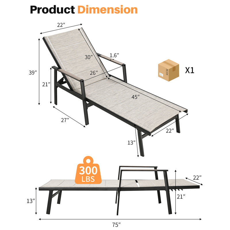 Seehill Patio Chaise Lounge, Never-Rust Aluminum Outdoor Lounge Chair, Double-Layer Textilene Pool Lounge Chair with 6-Position Adjustable Backrest, Sunbathing Lounger for Beach, Poolside, Deck