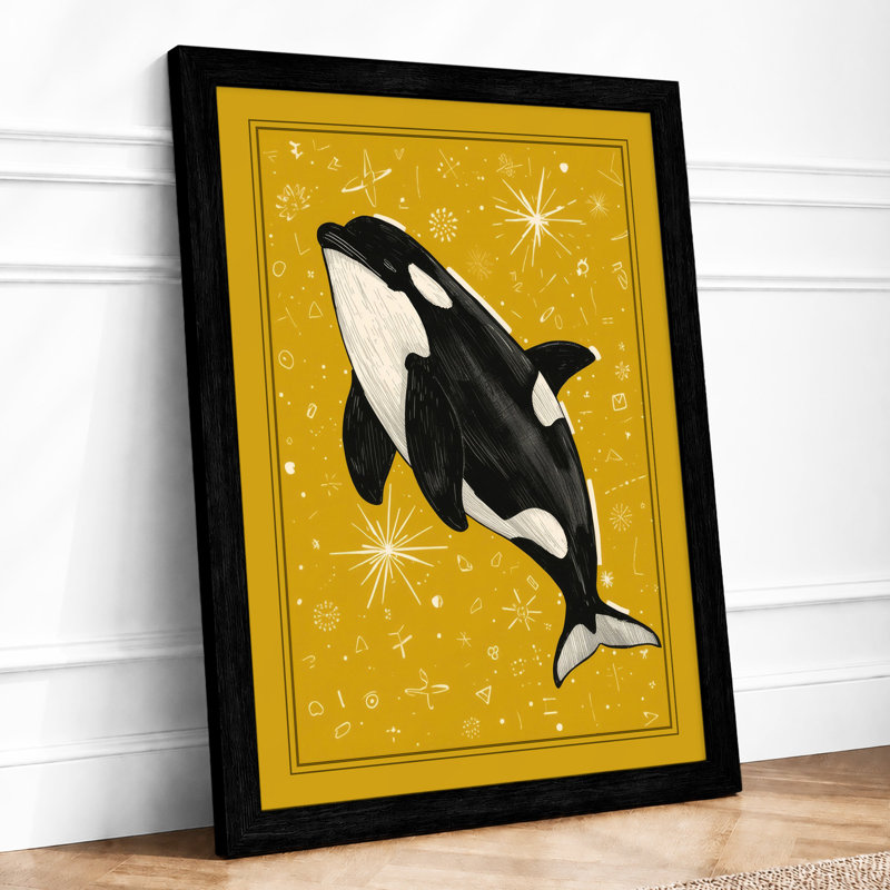 Leaping Whale in Gold Modern - Framed Print, Black, A3 - 42.0 x 29.7 cm