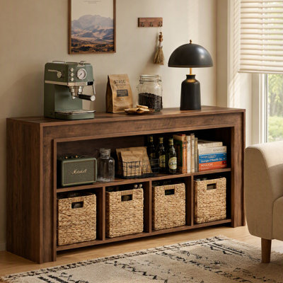 63" Bookcase with 4 Woven Baskets, Farmhouse Wooden Low Horizontal Bookshelf Storage Organizer