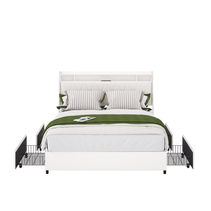 White Queen Bed Frame with Headboard, Metal Platform Bed Queen Size with 2-Tier Bookshelf Storage, and 4 Storage Drawers & Charging Station Type C, Leather Fabric No Box Spring Needed