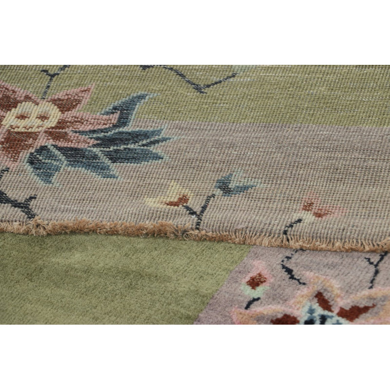 Rug & Kilim’S Chinese Art Deco Runner Rug In Green With Colorful Floral Patterns, Rectangle 9' x 12'