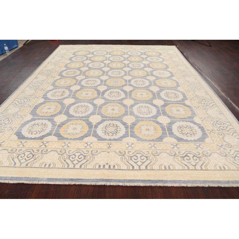 Tapis décoratif en laine de conception unique 9 pi x 12 pi Khotan noué à la main New Age