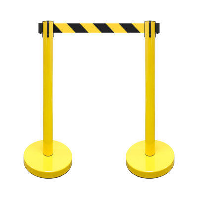 36" Retractable Belt Queue Safety Stanchion Barrier (2 Posts w/78" Black/Yellow Belt)
