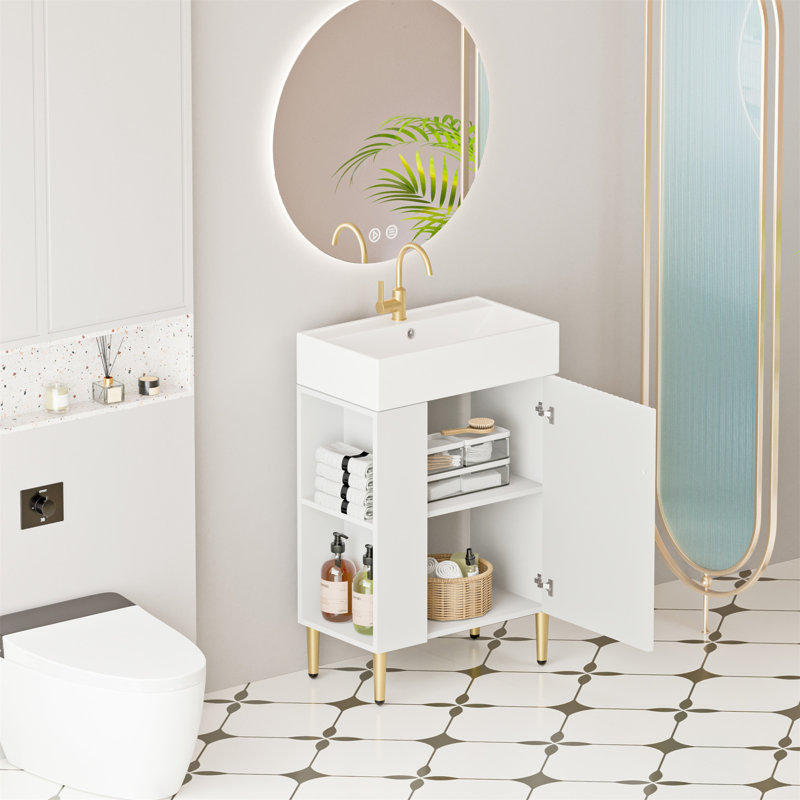 Meuble-lavabo à tablettes ouvertes de 21,6 po avec lavabo en céramique et porte à fermeture en douceur, parfait pour le rangement de vestiaire et le design moderne