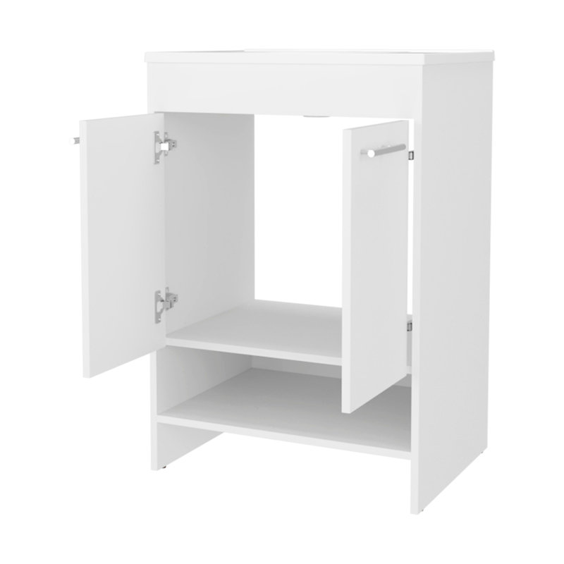 Meuble-lavabo à 2 portes blanc pour salle de bain avec rangement ouvert - panneau de particules de 34,6 po de hauteur, 23,2 po de largeur et 17,7 po de profondeur