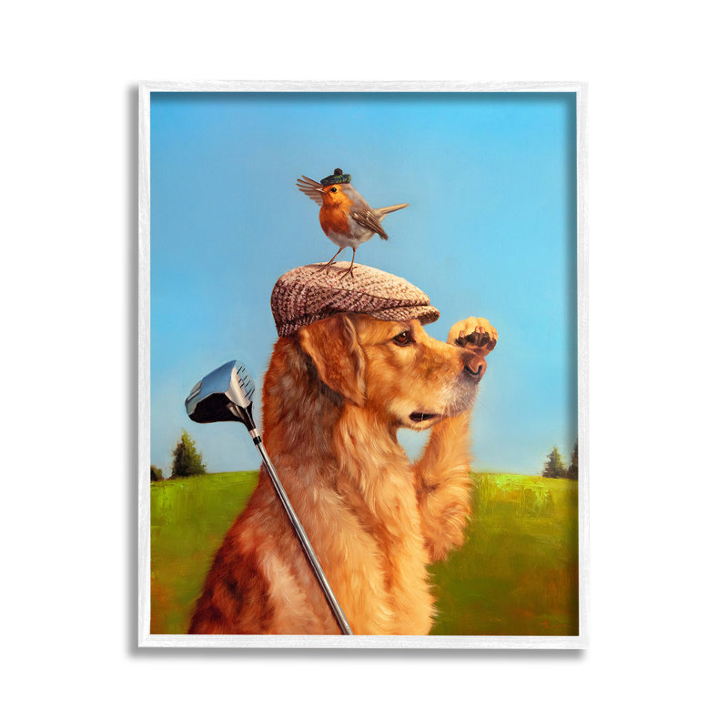Oiseau et chien jouant au golf, estampe numérique par Lucia Heffernan, Giclée encadrée noir minuit, H 30 po x l 24 po