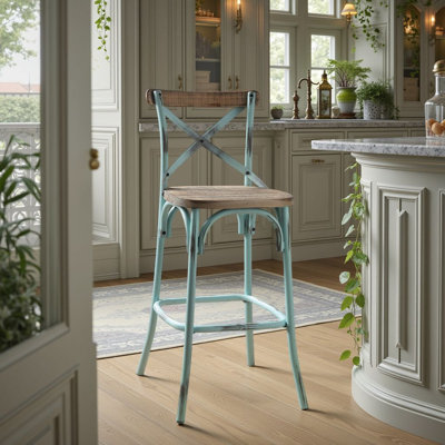 Tabouret de bar rétro 43 po - structure en métal à dossier en X, siège en bois, capacité de 220 lb? (1pc)