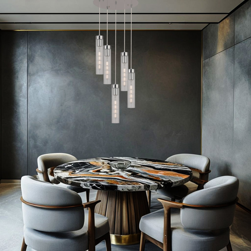5-light Multi Cluster Cascade Ribbed Cylinder Glass Shades Beau Lustre Pendant Lamp, Chrome