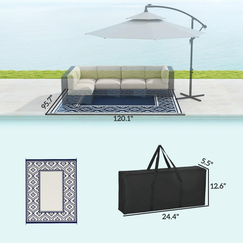 Tapis floral intérieur / extérieur, tapis imperméable, bleu et blanc