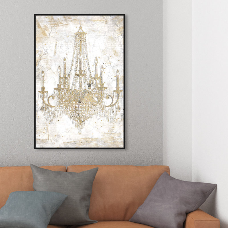 Fashion And Glam " Fashion And Glam White And Gold Chandelier " by Oliver Gal, 54" H x 36" W, Black Floater Framed