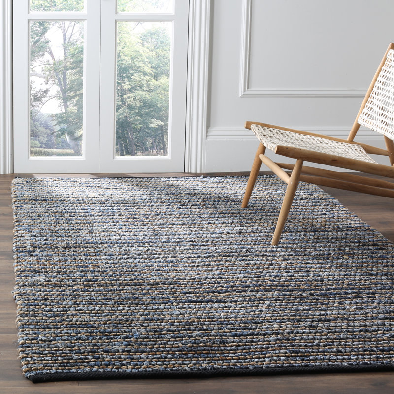 Tapis bleu en coton / jute tissé à la main à rayures Doleman, Rectangle 4 pi x 6 pi