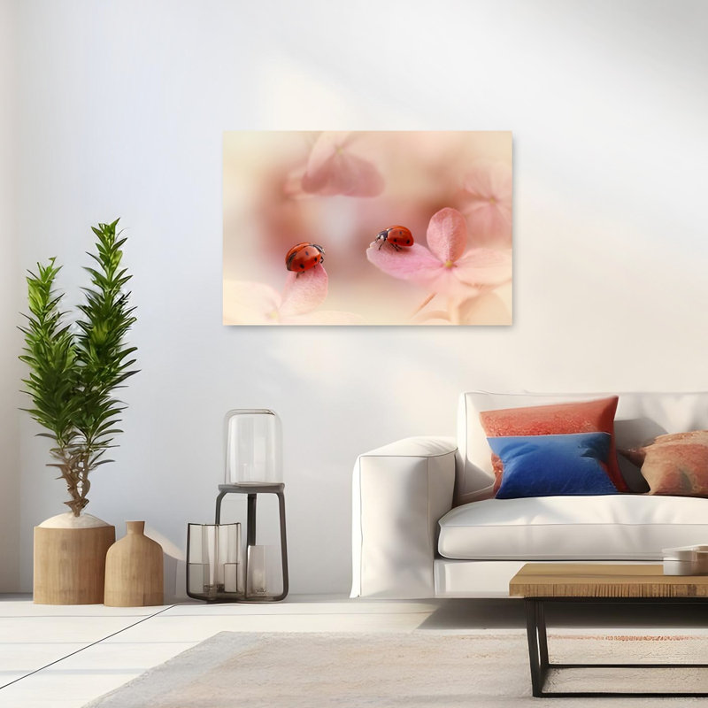Ladybugs On Pink Petals Delicate Dreamy Peaceful Ladybug Flower Nature Wall Art Print by Ellen Van Deelen - Wrapped Canvas Print