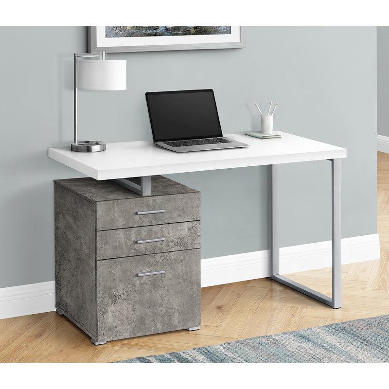 Bureau d'ordinateur de 48 po de L pour bureau à domicile, adapté pour ordinateur portable, installation à gauche ou à droite, avec tiroirs de rangement, plateau en stratifié blanc et béton, structure en métal blanc, style contemporain et moderne