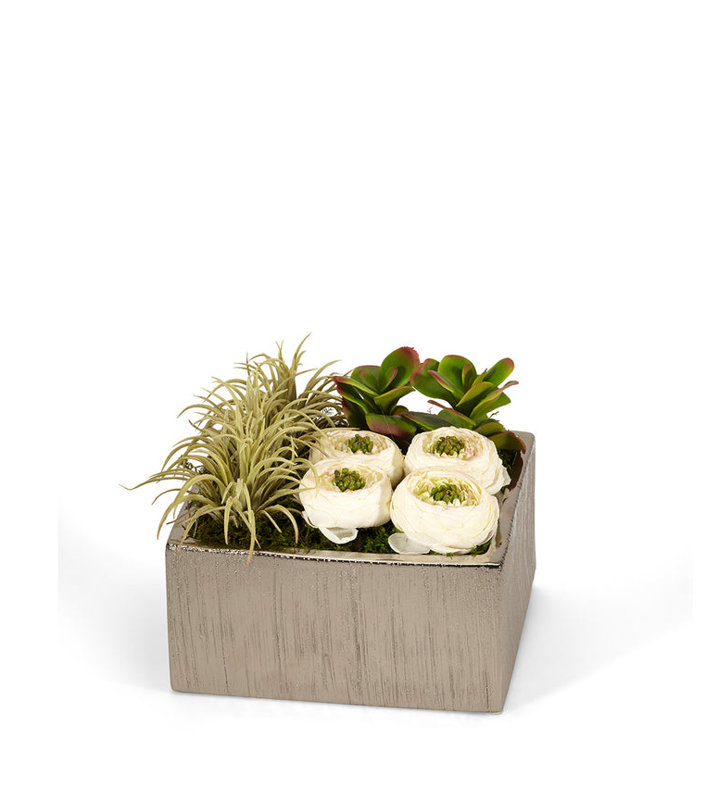Geometric Cabbage Roses Floral Arrangement in Planter, Cream