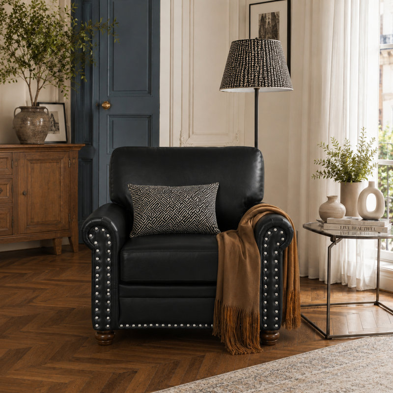 Lounge Armchair – PU Leather Accent Chair With Nailhead Trim & Solid Wood Legs (Black), Black