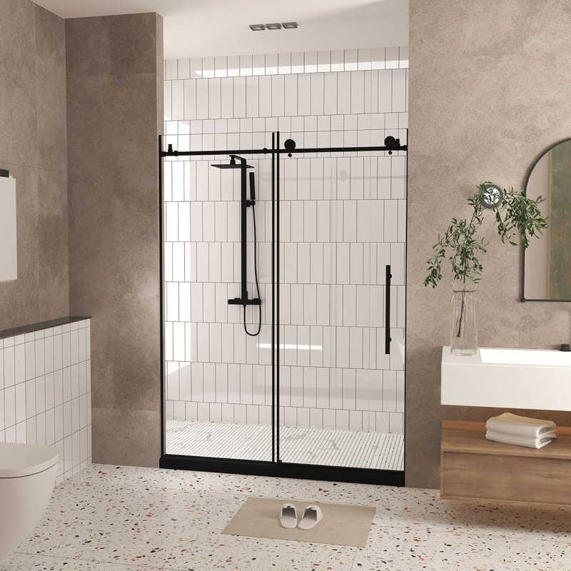 Frameless Shower Door 56-60 "w X 76" H, 1/4 "(6 Mm) Clear Tempered Glass, Explosion Proof Film, Stainless Steel Handle, Matte Black