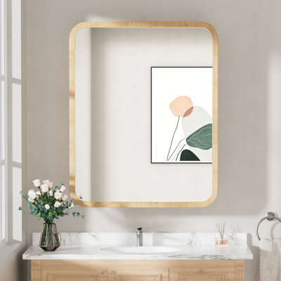 Armoire à pharmacie moderne en bois à bords arrondis de 30 po x l 24 po avec miroir, porte réversible à fermeture en douceur, tablettes réglables en verre, à fixation murale ou encastrée, entièrement assemblée