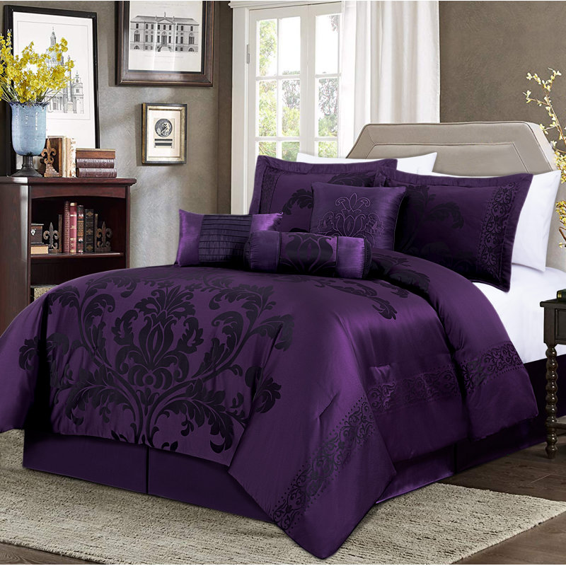 Royale Jacquard Floral 7 Piece Comforter Set, Full Comforter + 6 Additional Pieces, Purple/Dark Purple