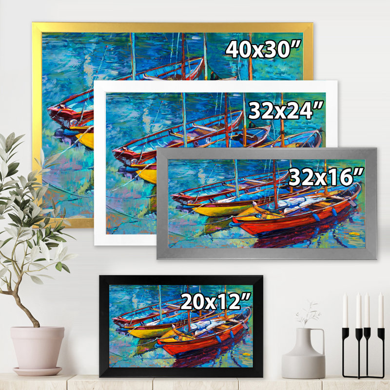 Trois bateaux dans le port - Peinture sur toile, Cadre photo noir, H 12 po x l 20 po x p 1 po