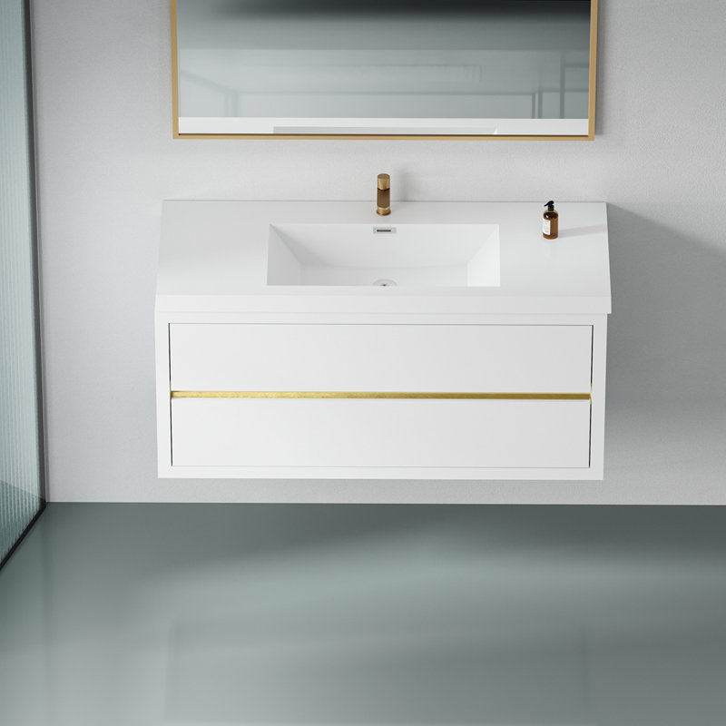 Meuble-lavabo mural avec double vasque, meuble de rangement flottant avec comptoir en résine de pierre et tiroirs à fermeture en douceur