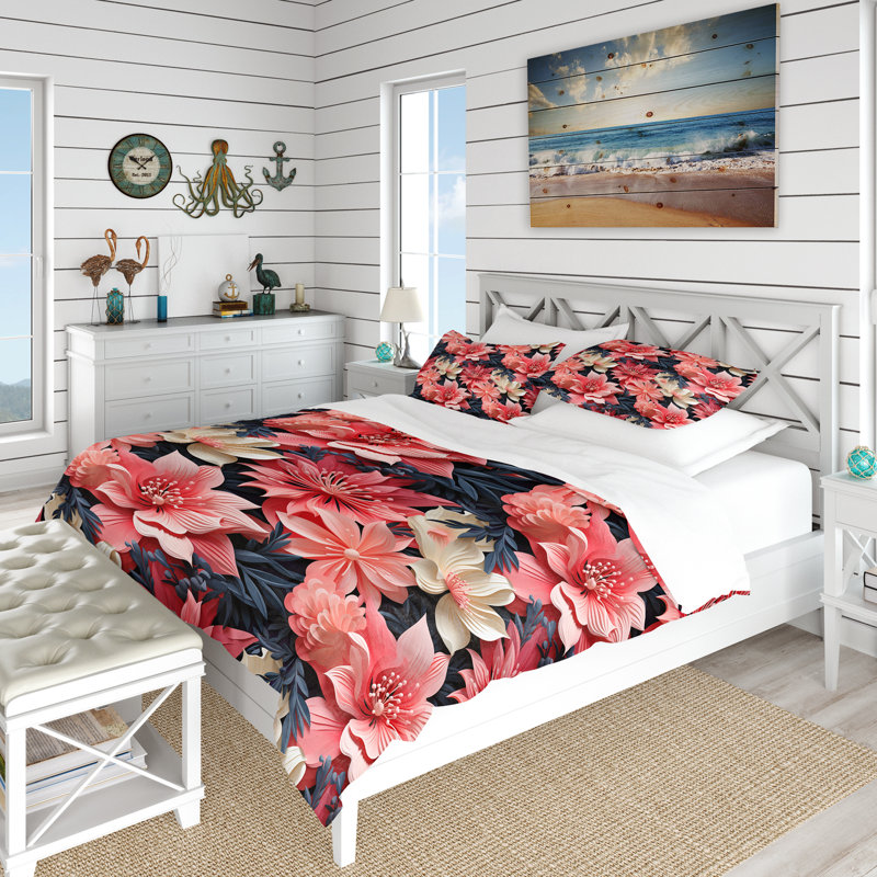 Ensemble de housse de couette Coral Twilight Iv Tropical, Housse de couette pour très grand lit et 2 très