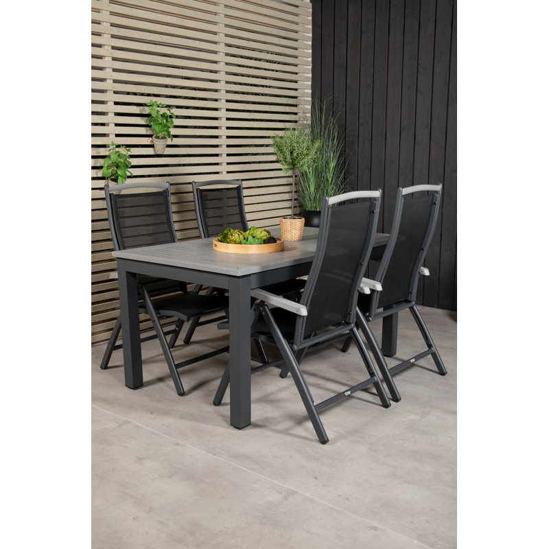 Jayesh 4 - Person Patio Dining Set with Extendable Rectangular Table, 75cm H x 160cm W x 100cm L, Black/Grey