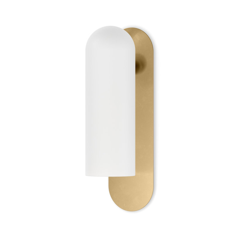 Odyssey Solid Brass Armed Sconce, Burnished Brass, 15" H x 4.25" W x 5.5" D, Opal White