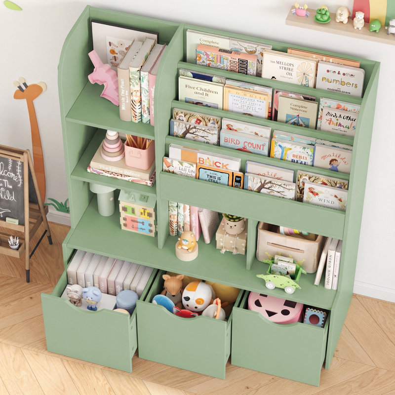 Annyah Toy Storage Organizer with 3 Removable Bins, Baby-Proof Bookshelf for Nursery & Playroom, Green