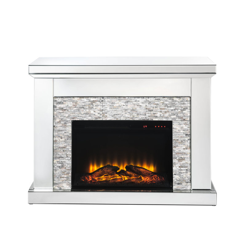 Foyer électrique à DEL avec dessus en miroir biseauté, incrustation de fausses pierres, température réglable, minuterie, fonction seulement, surface de chauffage de 400 pi2, 1400 W, 120 V, 48 po de largeur, 36 po de hauteur, 15 po de profondeur, 107 lb de foyer