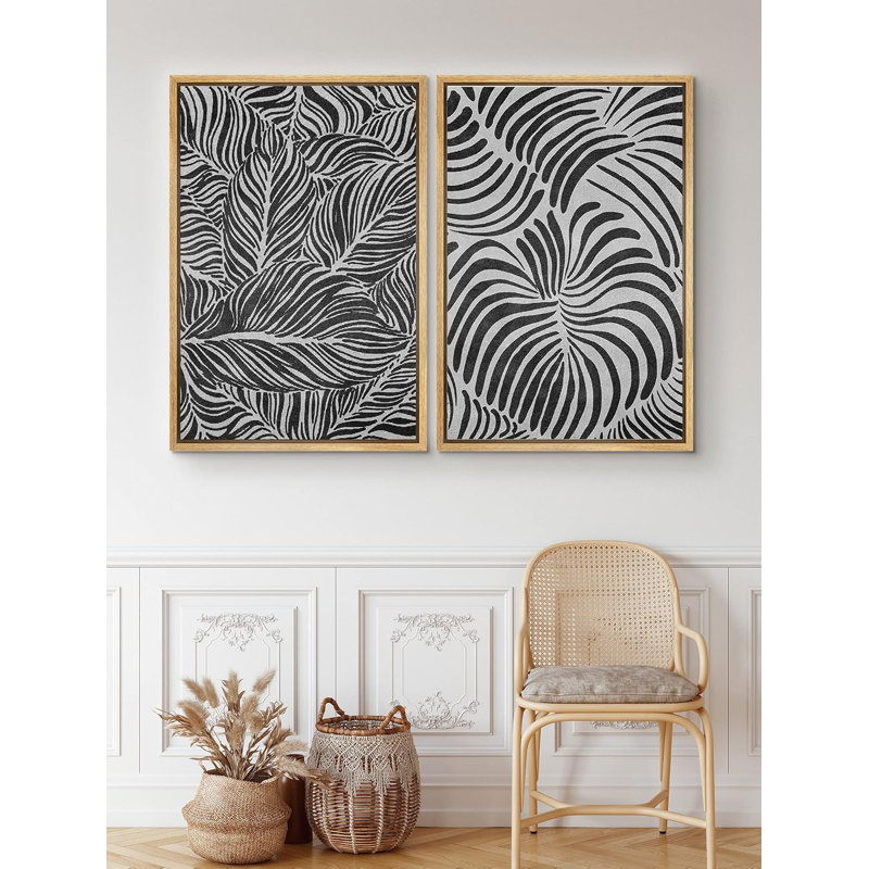Illustration d'une feuille de plante noire sur fond de bichromie grise, feuilles d'art moderne et contemporain