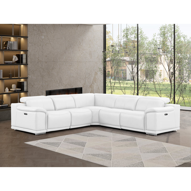 5-Piece L-Shaped Power Reclining Sectional In Genuine Leather – 3 Recliners, White Top Grain Leather