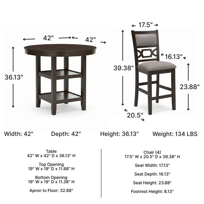 Table de salle à manger à hauteur de comptoir Leangelo et 4 tabourets de bar (ensemble de 5), Noir, Noir / gris, Noir