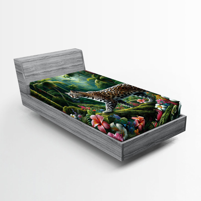 Drap-housse pour chat Ambesonne_ Scène de jungle exotique à fleurs sauvages_ Vert et multicolore, Simple TG