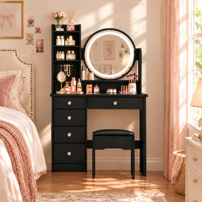 31.5" Makeup Vanity Set with 3-Color Lighted Mirror, 5 Drawers and Upholstered Stool