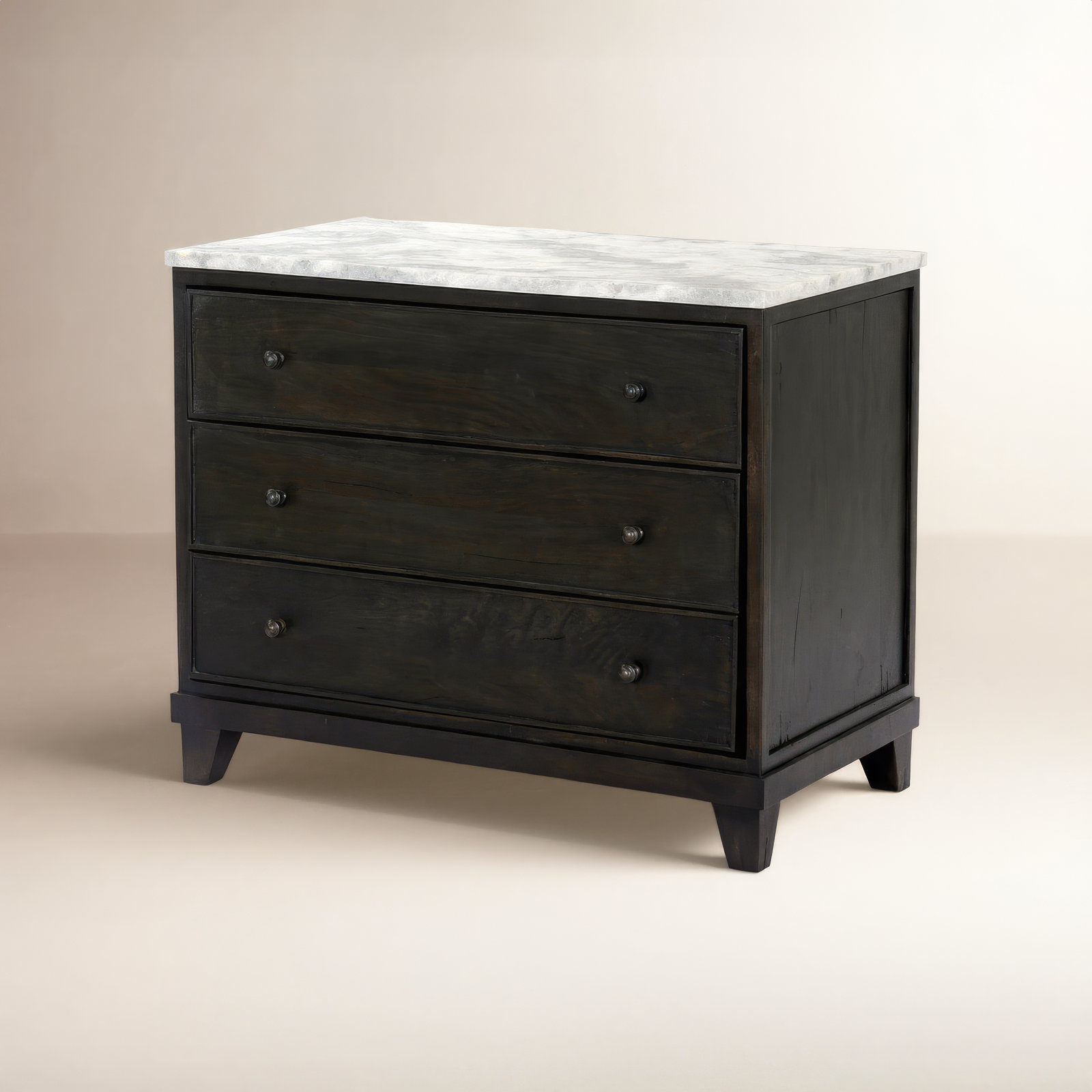 Elson 3 Drawer Marble Nightstand, Dark Reclaimed/White Statuario Marble