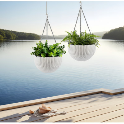 13 In. W Plastic Rattan Hanging Round Planter Set With Self-watering System (2-packs)